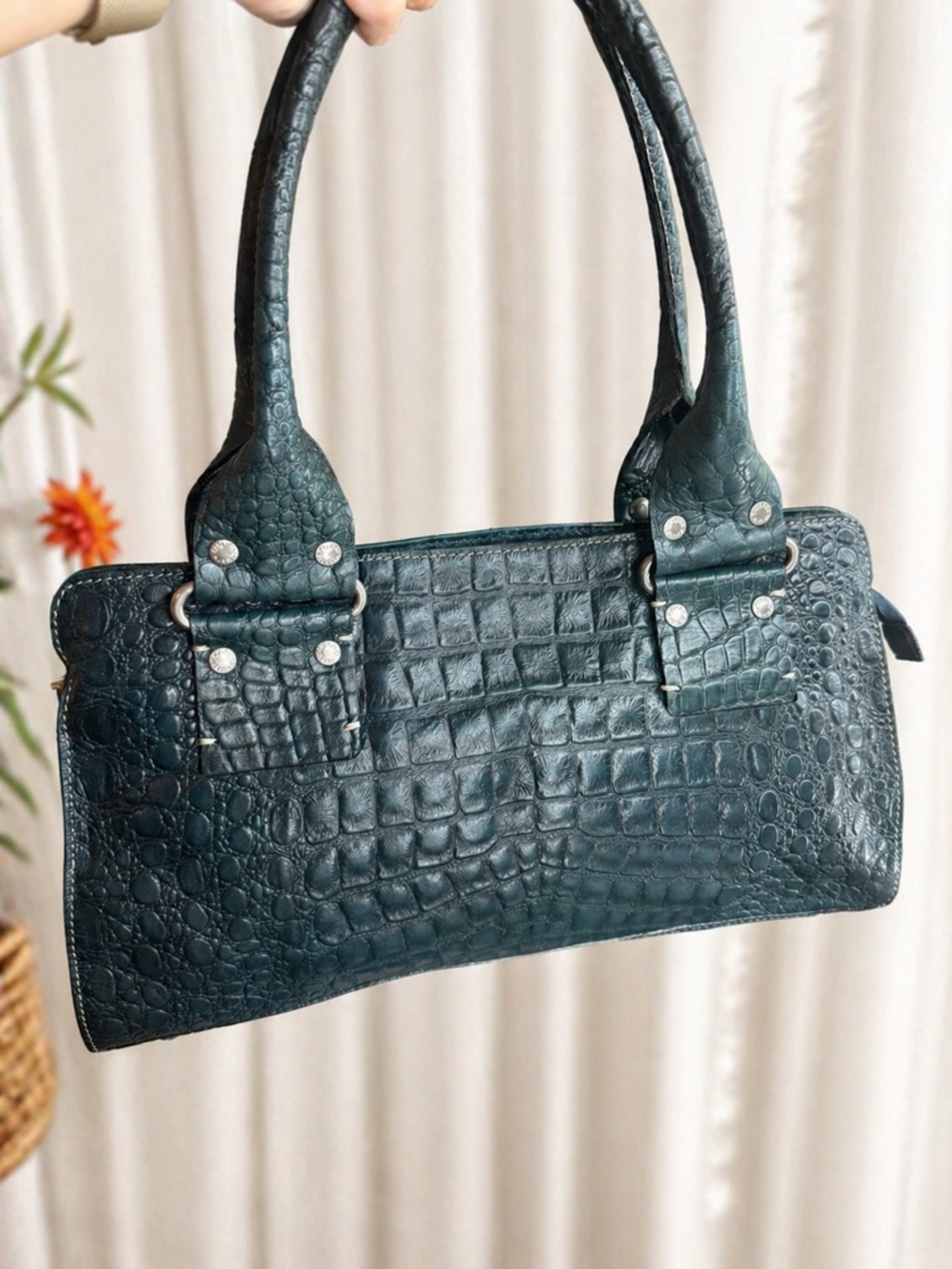 Croc-Embossed Dark Green Shoulder Bag real Leather